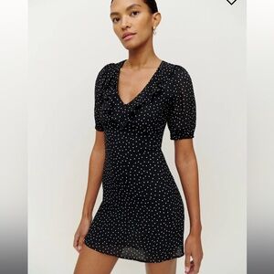 Reformation simon dress, black mini dress with polka dots